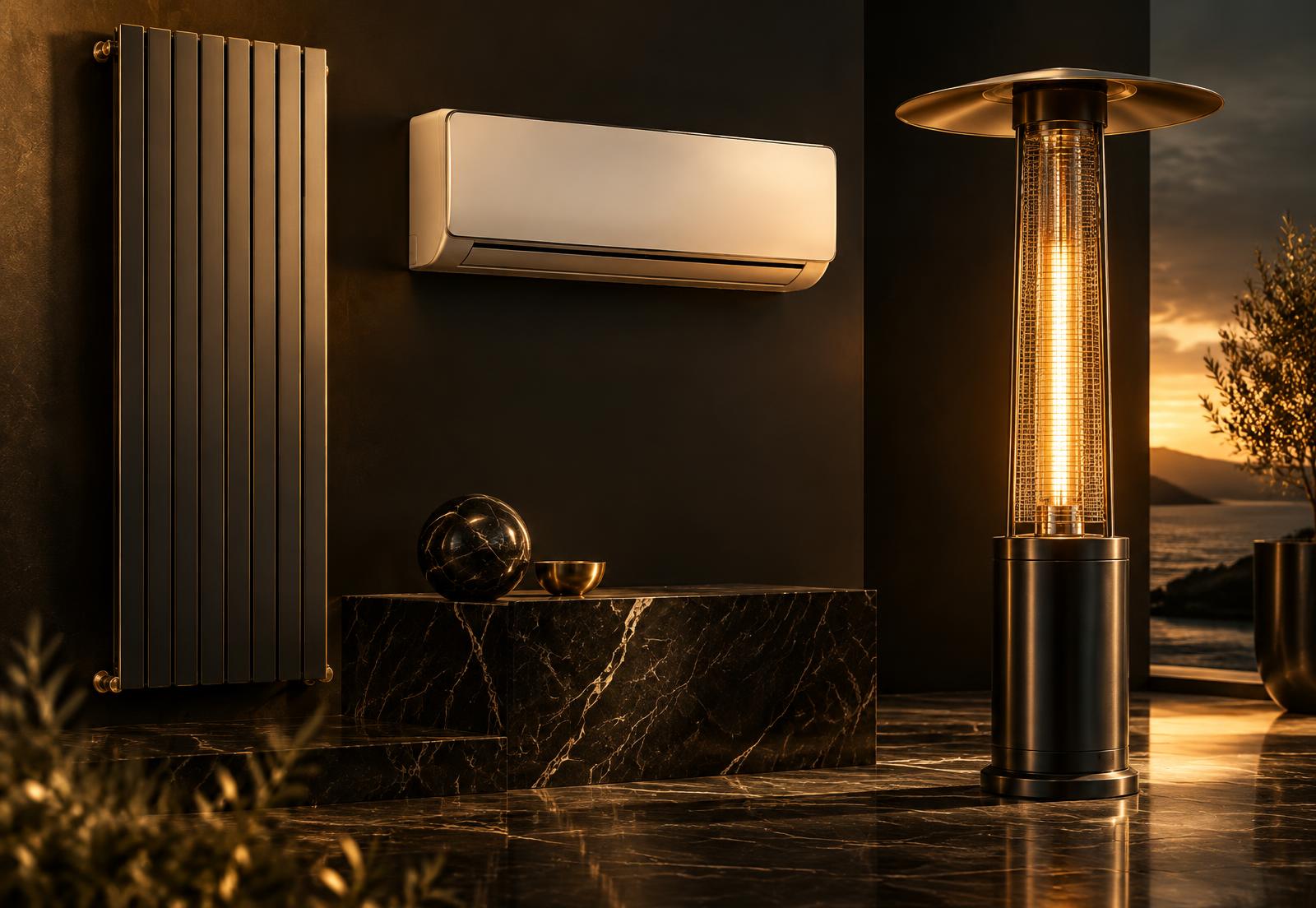 Designradiator, wandairco en terrasheater op zwart marmer in warm goudlicht